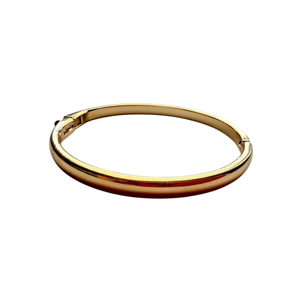 Gold Tone Minimalist Oval Hinged Bangle Bracelet Secret Inside Stone Accent Des